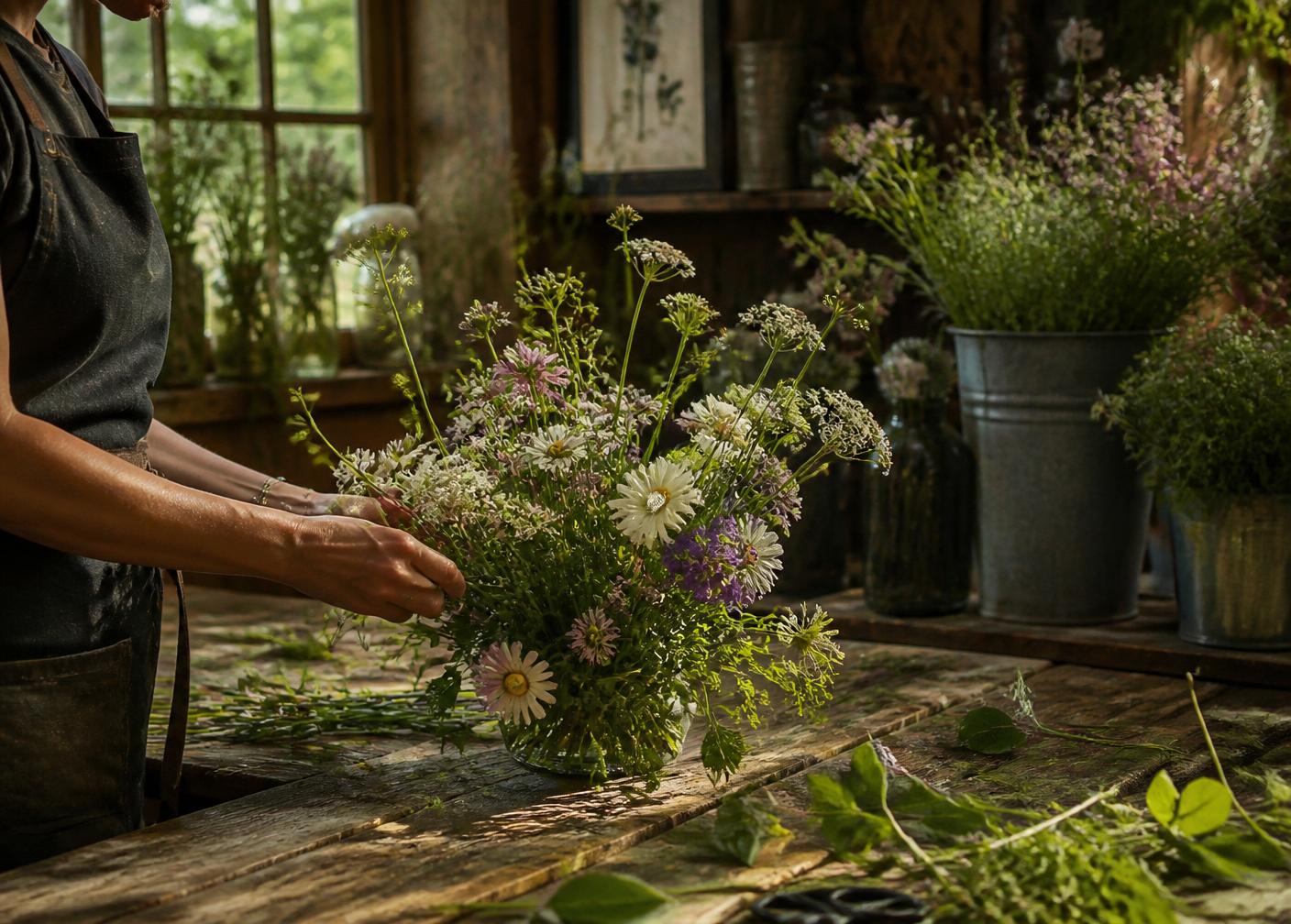 Florist arranging wildflowers